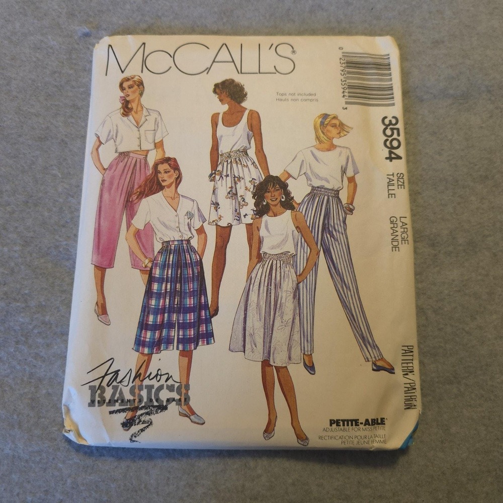 McCall's 3594 Sewing Pattern Pants and Skirts Sz Large Petite-Able Uncut Vintage